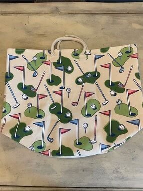 Mud Pie Canvas Golf Print Tote - Cream, Green, Blue, Red